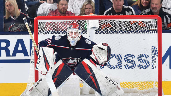 COLUMBUS, OH - APRIL 16: Goaltender Sergei Bobrovsky #72 of the Columbus Blue Jackets follows the puck during the third period in Game Four of the Eastern Conference First Round against the Tampa Bay Lightning during the 2019 NHL Stanley Cup Playoffs on April 16, 2019 at Nationwide Arena in Columbus, Ohio. (Photo by Jamie Sabau/NHLI via Getty Images)