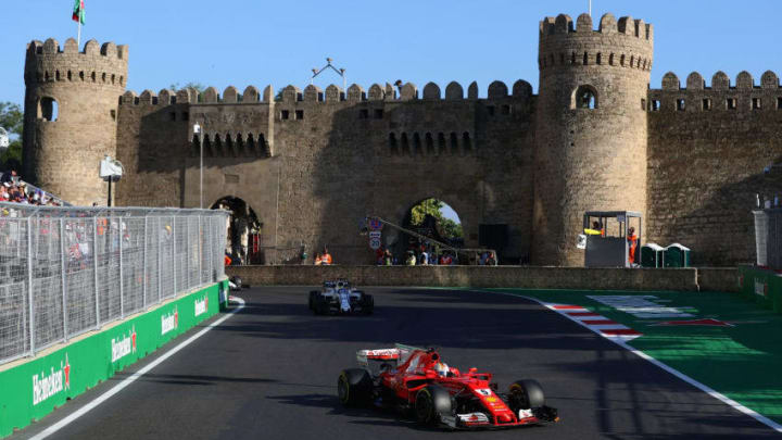 BAKU, AZERBAIJAN - JUNE 25: Sebastian Vettel of Germany driving the (5) Scuderia Ferrari SF70H on track during the Azerbaijan Formula One Grand Prix at Baku City Circuit on June 25, 2017 in Baku, Azerbaijan. (Photo by Clive Rose/Getty Images)