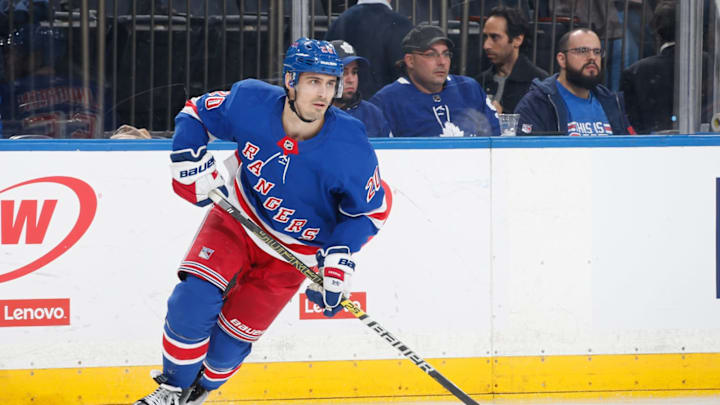 NEW YORK, NY – FEBRUARY 05: Chris Kreider #20 of the New York Rangers skates against the Toronto Maple Leafs at Madison Square Garden on February 5, 2020 in New York City. (Photo by Jared Silber/NHLI via Getty Images)