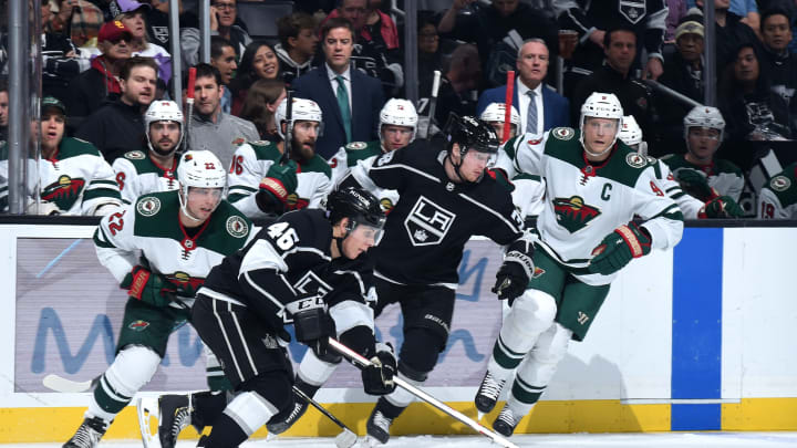 LOS ANGELES, CA – NOVEMBER 12: Blake Lizotte #46 of the Los Angeles Kings skates with the puck during the second period against the Minnesota Wild at STAPLES Center on November 12, 2019 in Los Angeles, California. (Photo by Juan Ocampo/NHLI via Getty Images)