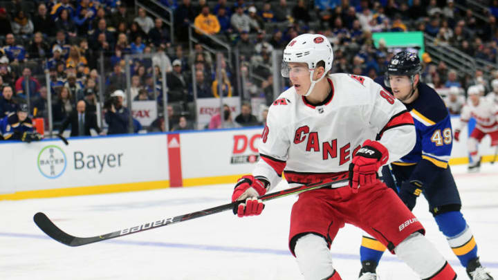 ST. LOUIS, MO- FEBRUARY 04: Carolina Hurricanes center Martin Necas (88) during an NHL game between the Carolina Hurricanes and the St. Louis Blues, on February 04, 2020, at Enterprise Center, St. Louis, MO. Photo by Keith Gillett/Icon Sportswire via Getty Images)