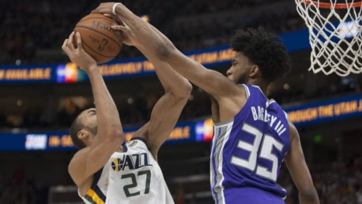 SALT LAKE CITY, UT - APRIL 5: Marvin Bagley III #35 of the Sacramento Kings blocks a shot by Rudy Gobert #27 of the Utah Jazz during their game at the Vivint Smart Home Arena Stadium on April 5, 2019 in Salt Lake City, Utah. NOTE TO USER: User expressly acknowledges and agrees that, by downloading and or using this photograph, User is consenting to the terms and conditions of the Getty Images License Agreement.(Photo by Chris Gardner/Getty Images)