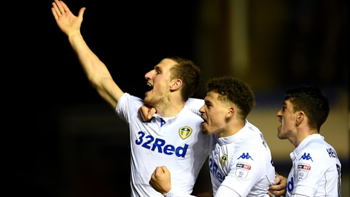 BIRMINGHAM, ENGLAND - MARCH 03: Chris Wood of Leeds United celebrates scoring his second goal with Kalvin Phillips during the Sky Bet Championship match between Birmingham City and Leeds United at St Andrews (stadium) on March 3, 2017 in Birmingham, England. (Photo by Laurence Griffiths/Getty Images)