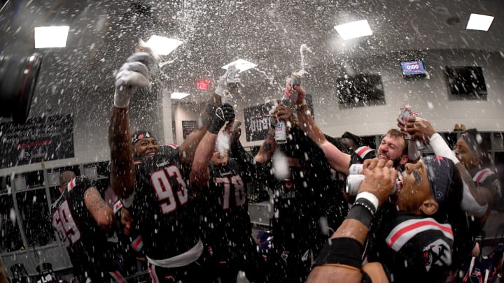 EAST RUTHERFORD, NJ – FEBRUARY 29: Members of the New York Guardians celebrating their victory over the LA Wildcats in their lockeroom at MetLife Stadium on February 29, 2020 in East Rutherford, New Jersey. (Photo by Sarah Stier/XFL via Getty Images)