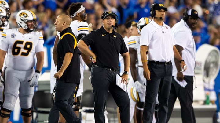 Sep 11, 2021; Lexington, Kentucky, USA; Missouri Tigers head coach Eliah Drinkwitz looks on from the sidelines during the third quarter against the Kentucky Wildcats at Kroger Field. Mandatory Credit: Jordan Prather-USA TODAY Sports