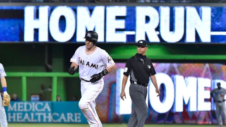 FanDuel MLB: MIAMI, FL - MAY 16: J.T. Realmuto #11 of the Miami Marlins rounds second base after hitting a home run in the sixth inning against the Los Angeles Dodgers at Marlins Park on May 16, 2018 in Miami, Florida. (Photo by Eric Espada/Getty Images)