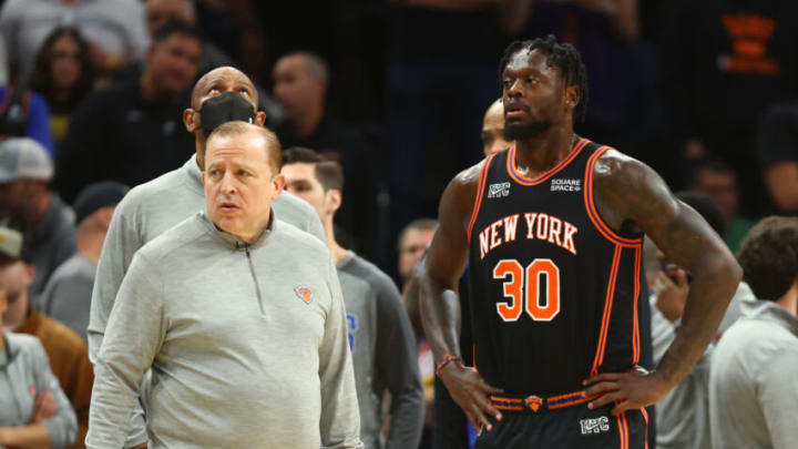 Mar 4, 2022; Phoenix, Arizona, USA; New York Knicks forward Julius Randle (30) and head coach Tom Thibodeau against the Phoenix Suns at Footprint Center. Mandatory Credit: Mark J. Rebilas-USA TODAY Sports