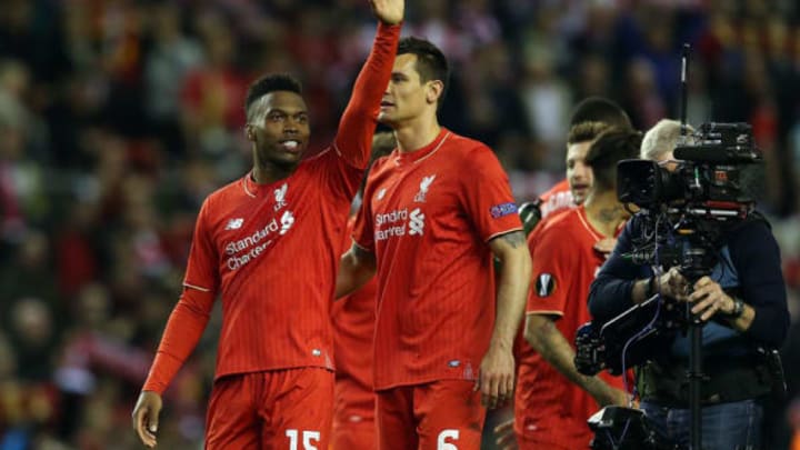 LIVERPOOL, ENGLAND - MAY 05: Daniel Sturridge of Liverpool celebrates victory during the UEFA Europa League Semi Final second leg match between Liverpool and Villarreal CF at Anfield on May 05, 2016 in Liverpool, England. (Photo by Jan Kruger - UEFA/UEFA via Getty Images)