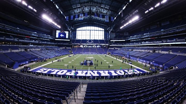 Feb 22, 2015; Indianapolis, IN, USA; A general view of the defensive linemen going through drills during the 2015 NFL Combine at Lucas Oil Stadium. Mandatory Credit: Brian Spurlock-USA TODAY Sports