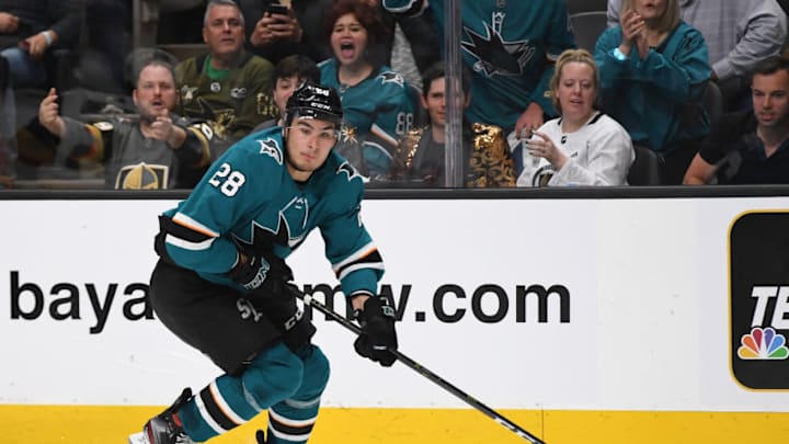 SAN JOSE, CA - APRIL 10: Timo Meier #28 of the San Jose Sharks skates with control of the puck against the Vegas Golden Knights during the second period in Game One of the Western Conference First Round during the 2019 NHL Stanley Cup Playoffs at SAP Center on April 10, 2019 in San Jose, California. (Photo by Thearon W. Henderson/Getty Images)
