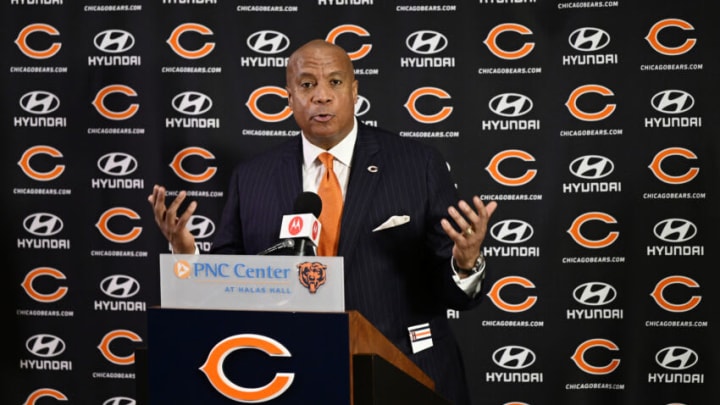 LAKE FOREST, ILLINOIS - JANUARY 17: Kevin Warren speaks to media after being introduced as the Chicago Bears President and CEO at Halas Hall on January 17, 2023 in Lake Forest, Illinois. (Photo by Quinn Harris/Getty Images)