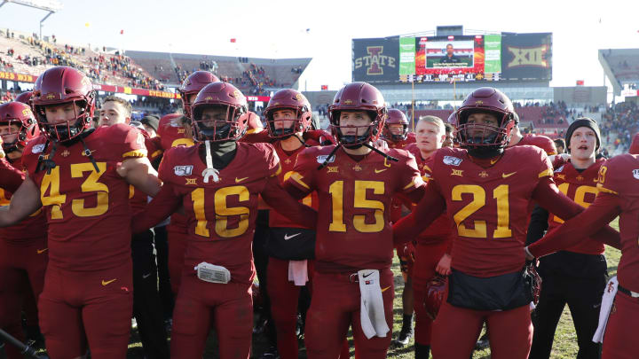 AMES, IA – NOVEMBER 23: Iowa State Cyclones celebrate after winning 41-31 over the Kansas Jayhawks at Jack Trice Stadium on November 23, 2019 in Ames, Iowa. The Iowa State Cyclones won 41-31 over the Kansas Jayhawks. (Photo by David Purdy/Getty Images)