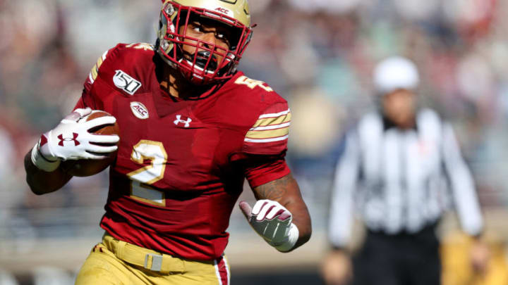 CHESTNUT HILL, MASSACHUSETTS - OCTOBER 19: AJ Dillon #2 of the Boston College Eagles runs the ball during the first half of the game between the Boston College Eagles and the North Carolina State Wolfpack at Alumni Stadium on October 19, 2019 in Chestnut Hill, Massachusetts. (Photo by Maddie Meyer/Getty Images)