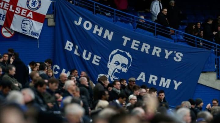 Chelsea fans display a giant banner reading 'John Terry's Blue Army' ahead of the English Premier League football match between Chelsea and Manchester United at Stamford Bridge in London on February 7, 2016. / AFP / Ian Kington / RESTRICTED TO EDITORIAL USE. No use with unauthorized audio, video, data, fixture lists, club/league logos or 'live' services. Online in-match use limited to 75 images, no video emulation. No use in betting, games or single club/league/player publications. / (Photo credit should read IAN KINGTON/AFP/Getty Images)