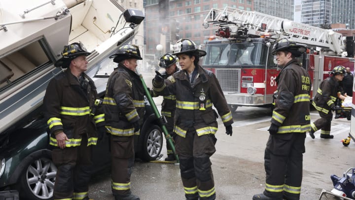 CHICAGO FIRE — “Red Waterfall” Episode 1122 — Pictured: (l-r) David Eigenberg as Christopher Herrmann, Christian Stolte as Randy “Mouch” McHolland, Miranda Rae Mayo as Stella Kidd, Jake Lockett as Carver — (Photo by: Adrian S Burrows Sr/NBC)