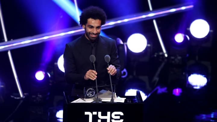 LONDON, ENGLAND - SEPTEMBER 24: Mohamed Salah of Liverpool wins the trophy for the FIFA Puskas Award 2018 during the The Best FIFA Football Awards Show at Royal Festival Hall on September 24, 2018 in London, England. (Photo by Dan Istitene/Getty Images)