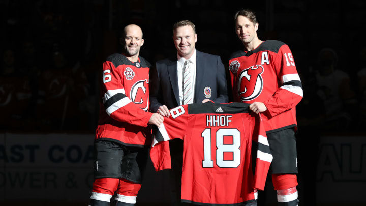 Andy Greene #6 and Travis Zajac #19 of the New Jersey Devils. (Photo by Elsa/Getty Images)