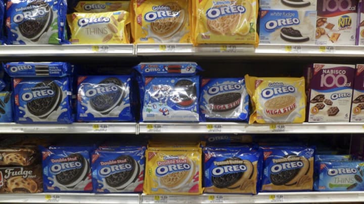 Boxes of Nabisco's Oreo Cookies in multiple yummy flavors on a supermarket shelf in New York on Friday, January 1, 2016. The company has upped the ante for cookie lovers by coming out with multiple flavors of the milk and cookie staple. (�� Richard B. Levine) (Photo by Richard Levine/Corbis via Getty Images)