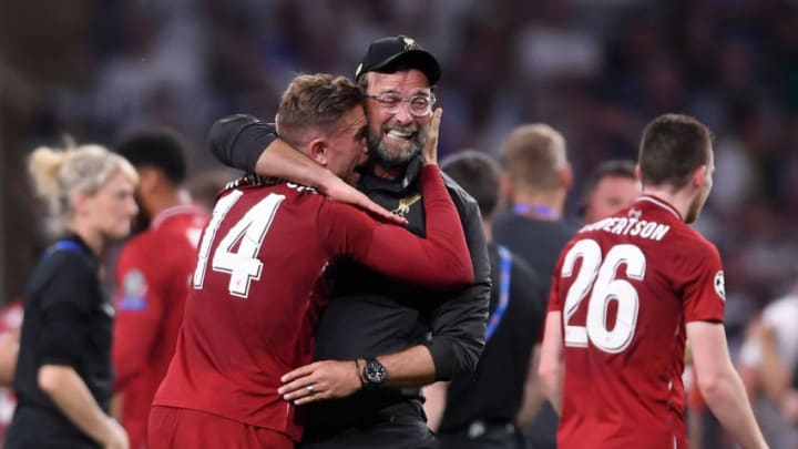 MADRID, SPAIN - JUNE 01: Jurgen Klopp, Manager of Liverpool and Jordan Henderson celebrate victory after the UEFA Champions League Final between Tottenham Hotspur and Liverpool at Estadio Wanda Metropolitano on June 01, 2019 in Madrid, Spain. (Photo by Laurence Griffiths/Getty Images)