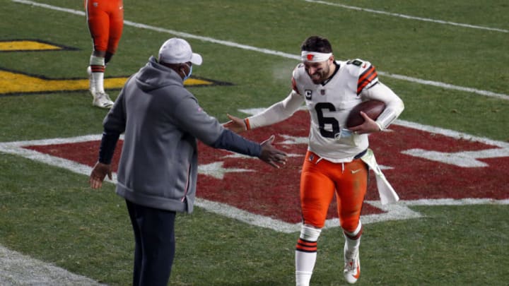 PITTSBURGH, PA - JANUARY 11: Baker Mayfield #6 of the Cleveland Browns celebrates against the Pittsburgh Steelers on January 11, 2021 at Heinz Field in Pittsburgh, Pennsylvania. (Photo by Justin K. Aller/Getty Images)