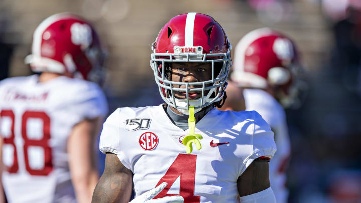 FAYETTEVILLE, AR – NOVEMBER 9: Jerry Jeudy #4 of the Alabama Crimson Tide warms up before a game against the Mississippi State Bulldogs at Davis Wade Stadium on November 16, 2019 in Starkville, Mississippi. The Crimson Tide defeated the Bulldogs 38-7. (Photo by Wesley Hitt/Getty Images)