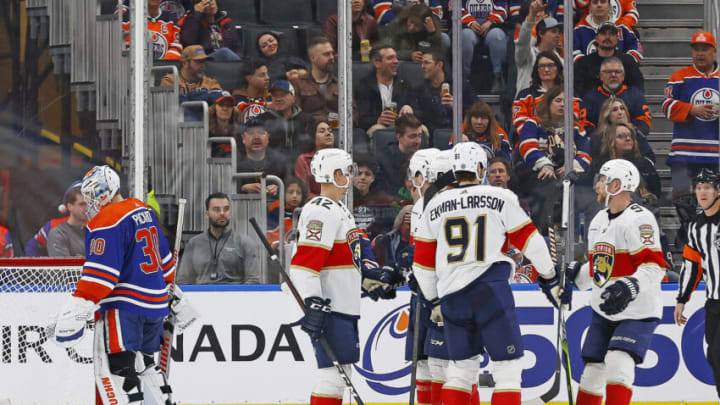 Dec 16, 2023; Edmonton, Alberta, CAN; The Florida Panthers celebrate a goal by forward Carter Verhaeghe (23) during the third period against the Edmonton Oilers at Rogers Place. Mandatory Credit: Perry Nelson-USA TODAY Sports