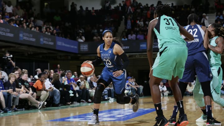 WHITE PLAINS, NY – MAY 25: Maya Moore #23 of the Minnesota Lynx handles the ball against the New York Liberty on May 25, 2018 at Westchester County Center in White Plains, New York. NOTE TO USER: User expressly acknowledges and agrees that, by downloading and or using this photograph, User is consenting to the terms and conditions of the Getty Images License Agreement. Mandatory Copyright Notice: Copyright 2018 NBAE (Photo by Steve Freeman/NBAE via Getty Images)