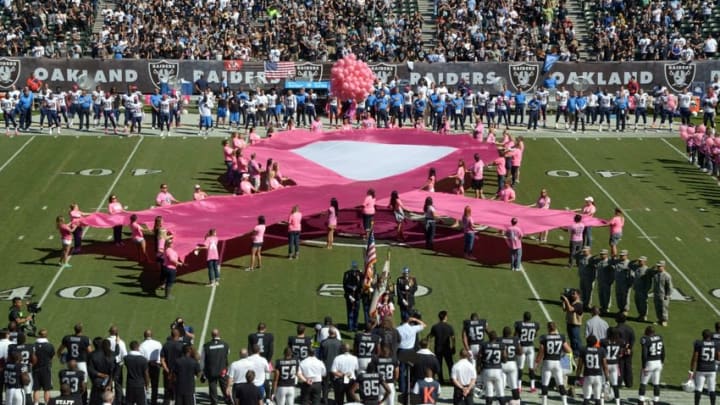 Oct 12, 2014; Oakland, CA, USA; General view of the O.co Coliseum with the pink breast cancer awareness logo on the field before the NFL game between the San Diego Chargers and the Oakland Raiders. Mandatory Credit: Kirby Lee-USA TODAY Sports