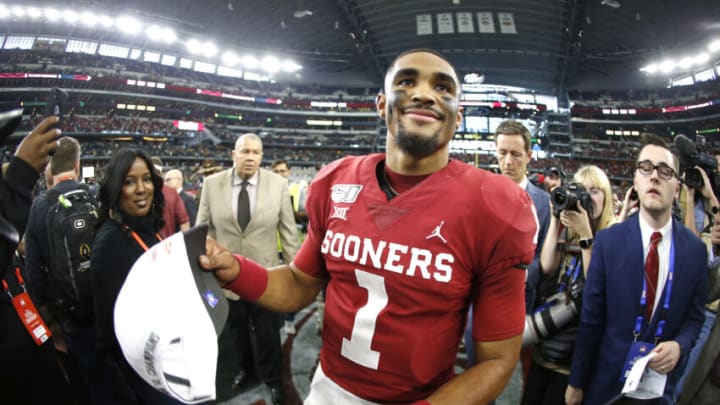ARLINGTON, TX - DECEMBER 07: Jalen Hurts #1 of the Oklahoma Sooners celebrates the team's win over the Baylor Bears following the Big 12 Football Championship at AT&T Stadium on December 7, 2019 in Arlington, Texas. Oklahoma won 30-23. (Photo by Ron Jenkins/Getty Images)