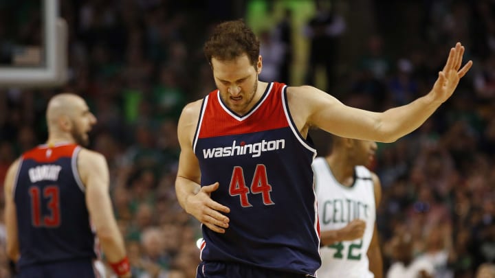 Apr 30, 2017; Boston, MA, USA; Washington Wizards guard Bojan Bogdanovic (44) holds his hand up at his bench after shooting an air ball during the second half of the Boston Celtics 123-111 win over the Washington Wizards in game one of the second round of the 2017 NBA Playoffs at TD Garden. Mandatory Credit: Winslow Townson-USA TODAY Sports