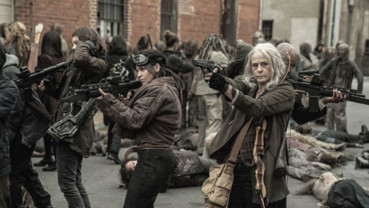 Melissa McBride as Carol Peletier, Paola Lázaro as Juanita 'Princess' Sanchez, Lauren Cohan as Maggie Rhee - The Walking Dead _ Season 11, Episode 24 - Photo Credit: Jace Downs/AMC