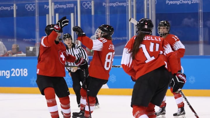 GANGNEUNG, SOUTH KOREA - FEBRUARY 10: Phoebe Staenz #88 of Switzerland celebrates with teammates after scoring a goal in the second period against Korea during the Women's Ice Hockey Preliminary Round - Group B game on day one of the PyeongChang 2018 Winter Olympic Games at Kwandong Hockey Centre on February 10, 2018 in Gangneung, South Korea. (Photo by Bruce Bennett/Getty Images)