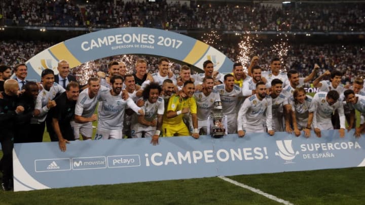 MADRID, SPAIN – AUGUST 16: Sergio Ramos of Real Madrid CF celebrates with teammates the Supercopa de Espana Supercopa Final 2nd Leg match between Real Madrid and FC Barcelona at Estadio Santiago Bernabeu on August 16, 2017 in Madrid, Spain. (Photo by TF-Images/TF-Images via Getty Images)