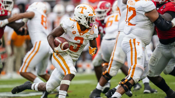 Oct 10, 2020; Athens, Georgia, USA; Tennessee Volunteers running back Eric Gray (3) runs against the Georgia Bulldogs during the second half at Sanford Stadium. Mandatory Credit: Dale Zanine-USA TODAY Sports