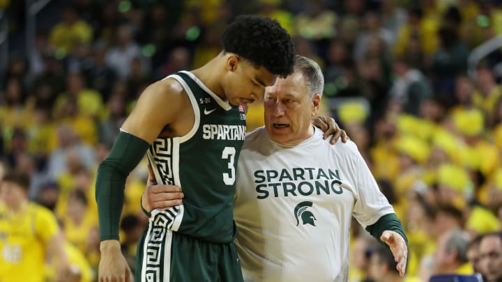 ANN ARBOR, MICHIGAN – FEBRUARY 18: Head coach Tom Izzo talks to Jaden Akins #3 of the Michigan State Spartans while playing the Michigan Wolverines at Crisler Arena on February 18, 2023 in Ann Arbor, Michigan. (Photo by Gregory Shamus/Getty Images)