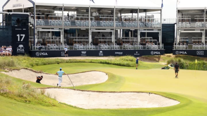 KIAWAH ISLAND, SOUTH CAROLINA - MAY 19: Patrick Reed of the United States plays a shot from a bunker on the 17th hole during a practice round prior to the 2021 PGA Championship at Kiawah Island Resort's Ocean Course on May 19, 2021 in Kiawah Island, South Carolina. (Photo by Jamie Squire/Getty Images)