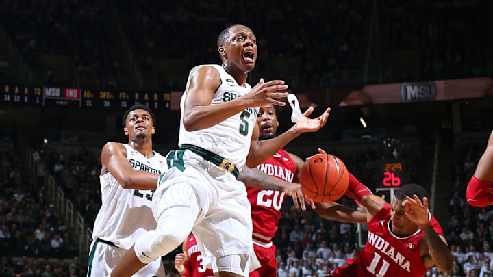 EAST LANSING, MI – FEBRUARY 02: Devonte Green #11 of the Indiana Hoosiers takes the ball away from Cassius Winston #5 of the Michigan State Spartans in the first half at Breslin Center on February 2, 2019 in East Lansing, Michigan. (Photo by Rey Del Rio/Getty Images)