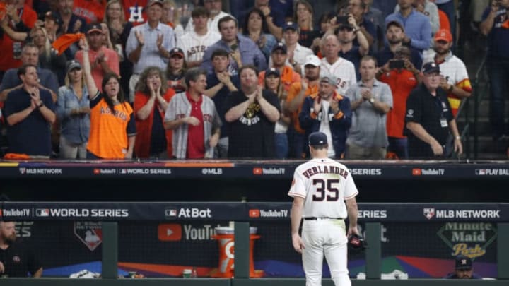 HOUSTON, TX - OCTOBER 23: Justin Verlander #35 of the Houston Astros walks back to the dugout after a pitching change in the seventh inning during Game 2 of the 2019 World Series between the Washington Nationals and the Houston Astros at Minute Maid Park on Wednesday, October 23, 2019 in Houston, Texas. (Photo by Rob Tringali/MLB Photos via Getty Images)