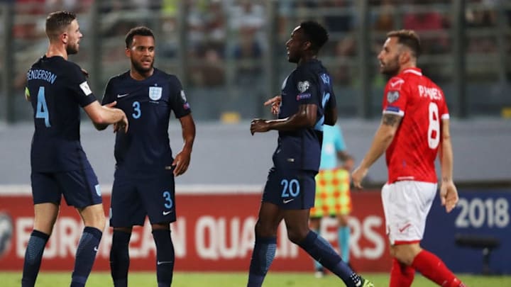 VALLETTA, MALTA - SEPTEMBER 01: Ryan Bertrand of England (3) celebrates as he scores their second goal with Jordan Henderson (4) and Danny Welbeck (20) during the FIFA 2018 World Cup Qualifier between Malta and England at Ta'Qali National Stadium on September 1, 2017 in Valletta, Malta. (Photo by Julian Finney/Getty Images)