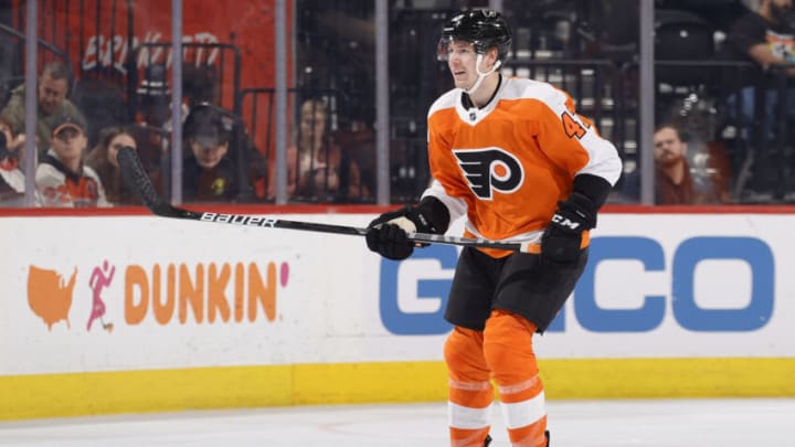 PHILADELPHIA, PENNSYLVANIA - APRIL 05: Ronnie Attard #47 of the Philadelphia Flyers looks on against the Columbus Blue Jackets at Wells Fargo Center on April 05, 2022 in Philadelphia, Pennsylvania. (Photo by Tim Nwachukwu/Getty Images)