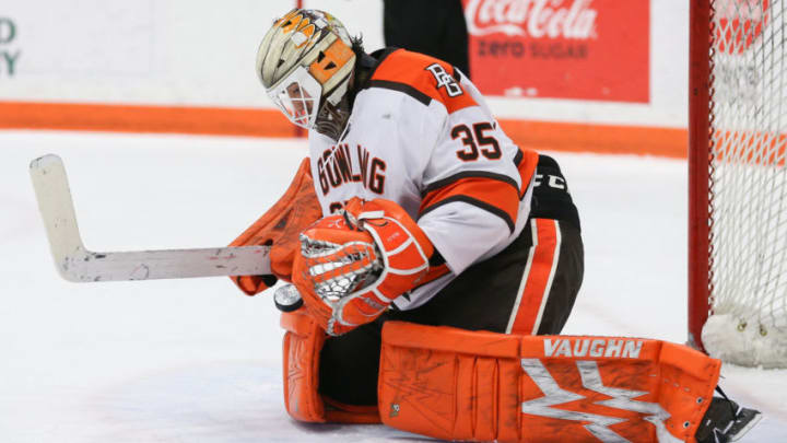 BOWLING GREEN, OH - JANUARY 03: Bowling Green Falcons goalie Ryan Bednard (35) blocks a shot during a regular season WCHA conference hockey game between the Bemidji State Beavers and the Bowling Green Falcons (12) on January 3, 2019 at the Slater Family Ice Arena in Bowling Green, Ohio. (Photo by Scott W. Grau/Icon Sportswire via Getty Images)