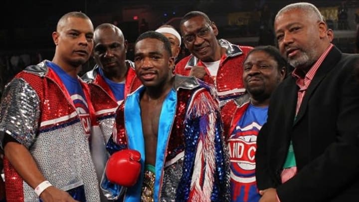 Feb 16, 2013; Atlantic City, NJ, USA; Adrien Broner poses after knocking out Gavin Rees in the 5th round of their 12 round WBC Lightweight Championship bout at Boardwalk Hall. Mandatory Credit: Ed Mulholland-USA TODAY Sports