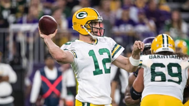 Sep 18, 2016; Minneapolis, MN, USA; Green Bay Packers quarterback Aaron Rodgers (12) throws against the Minnesota Vikings at U.S. Bank Stadium. The Vikings defeated the Packers 17-14. Mandatory Credit: Brace Hemmelgarn-USA TODAY Sports