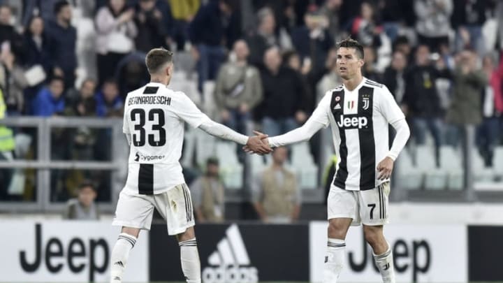 TURIN, ITALY - MAY 03: Cristiano Ronaldo of Juventus celebrates his goal of 1-1 with teammate Federico Bernardeschi during the Serie A match between Juventus and Torino FC on May 3, 2019 in Turin, Italy. (Photo by Giorgio Perottino - Juventus FC/Juventus FC via Getty Images)