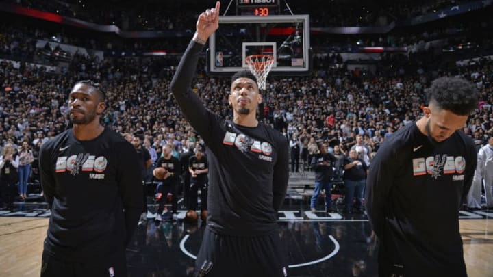 SAN ANTONIO, TX - APRIL 19: Danny Green #14 of the San Antonio Spurs stands for the National Anthem before Game Three of the Western Conference Quarterfinals against the Golden State Warriors in the 2018 NBA Playoffs on April 19, 2018 at the AT&T Center in San Antonio, Texas. NOTE TO USER: User expressly acknowledges and agrees that, by downloading and/or using this photograph, user is consenting to the terms and conditions of the Getty Images License Agreement. Mandatory Copyright Notice: Copyright 2018 NBAE (Photos by Mark Sobhani/NBAE via Getty Images)