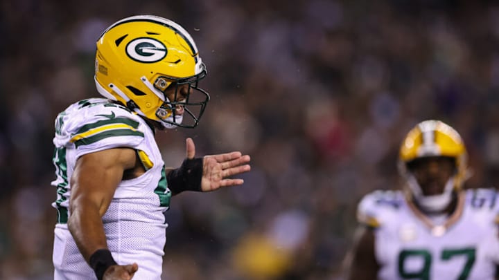 PHILADELPHIA, PA - NOVEMBER 27: Justin Hollins #47 of the Green Bay Packers celebrates after a play against the Philadelphia Eagles during the first half at Lincoln Financial Field on November 27, 2022 in Philadelphia, Pennsylvania. (Photo by Scott Taetsch/Getty Images)