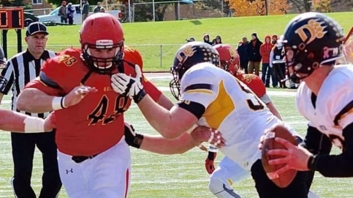 Ferris State defensive tackle Justin Zimmer rushes the quarterback. Photo Credit: Kevin T. McDermott