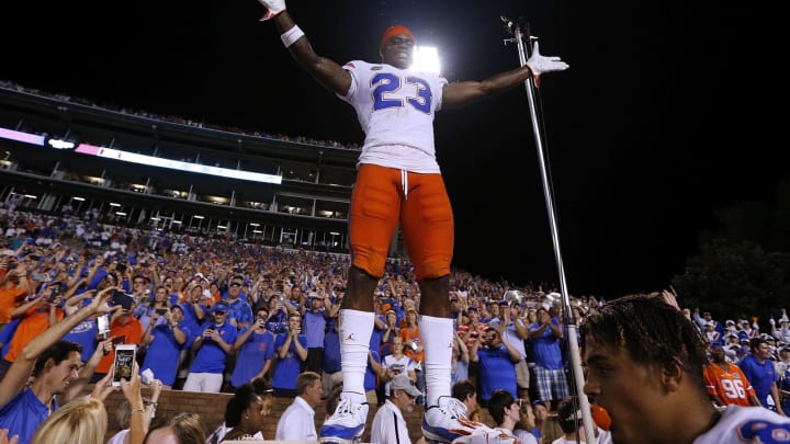 STARKVILLE, MS – SEPTEMBER 29: Chauncey Gardner-Johnson #23 of the Florida Gators celebrates a win over Mississippi State Bulldogs at Davis Wade Stadium on September 29, 2018 in Starkville, Mississippi. (Photo by Jonathan Bachman/Getty Images)