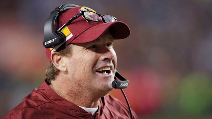 LANDOVER, MD - OCTOBER 21: Washington Redskins head coach Jay Gruden reacts after a fumble recovery for touchdown by Preston Smith in the fourth quarter of the game against the Dallas Cowboys at FedExField on October 21, 2018 in Landover, Maryland. The Redskins won 20-17. (Photo by Joe Robbins/Getty Images)