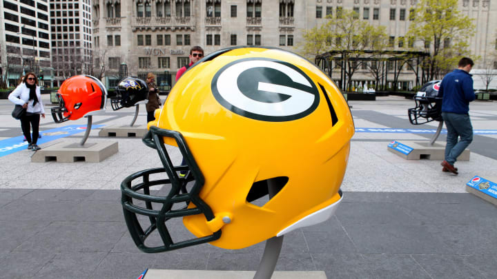 CHICAGO – APRIL 30: Green Bay Packers NFL football helmet is on display in Pioneer Court to commemorate the NFL Draft 2015 in Chicago on April 30, 2015 in Chicago, Illinois. (Photo By Raymond Boyd/Getty Images)